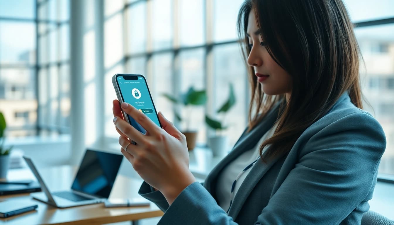 快连下载 application being used on a smartphone in a modern office setting, showcasing professional online connectivity.