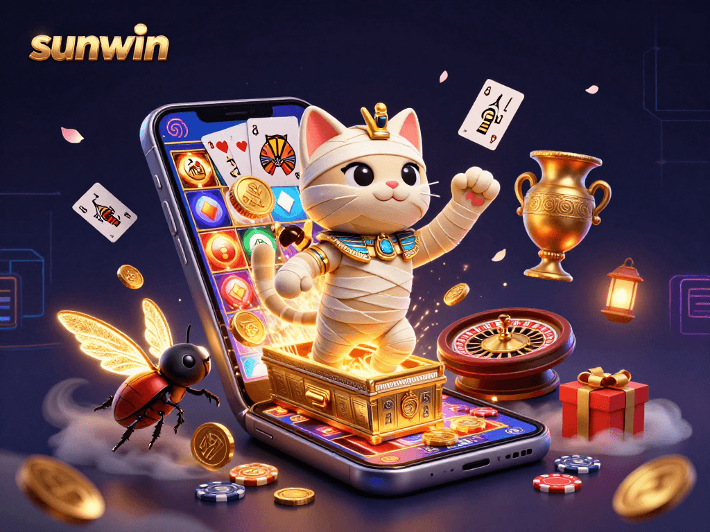 Experience the thrill of sunwin gaming with our dynamic Egyptian-themed casino illustration featuring vibrant characters.