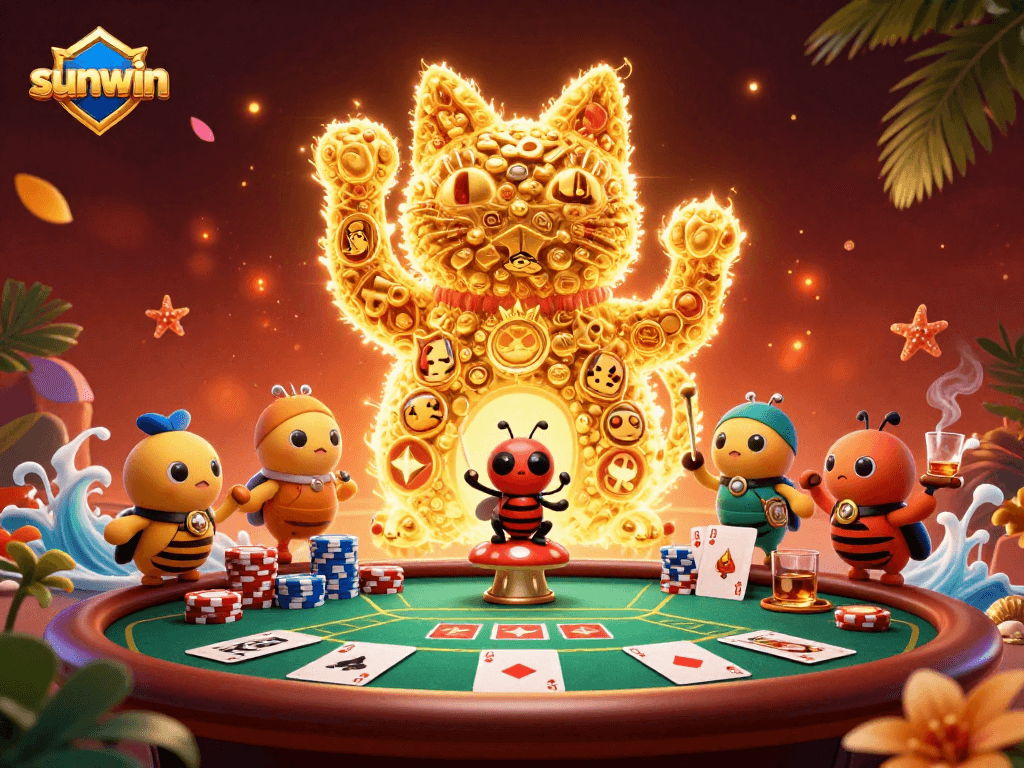 Join the thrilling world of sunwin casinos with a vibrant lucky cat illustration amidst poker excitement.