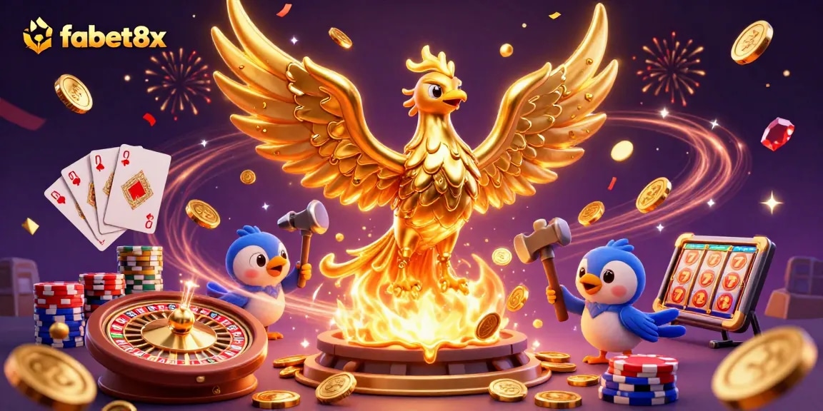 Experience the thrill of fabet8x with a vivid 3D scene featuring gold coins and casino elements.