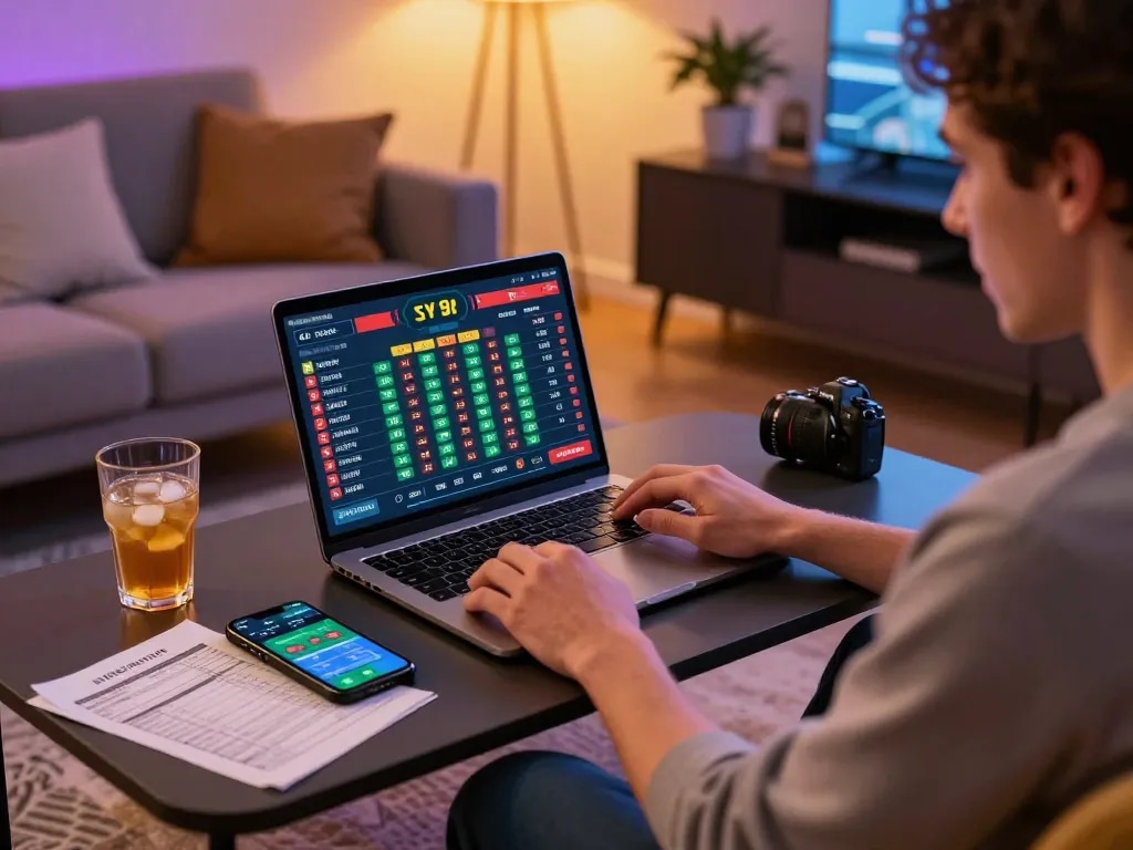 Engaged bettor analyzing live odds on https://dabet.money/ from a cozy home setting while maintaining responsible gameplay.