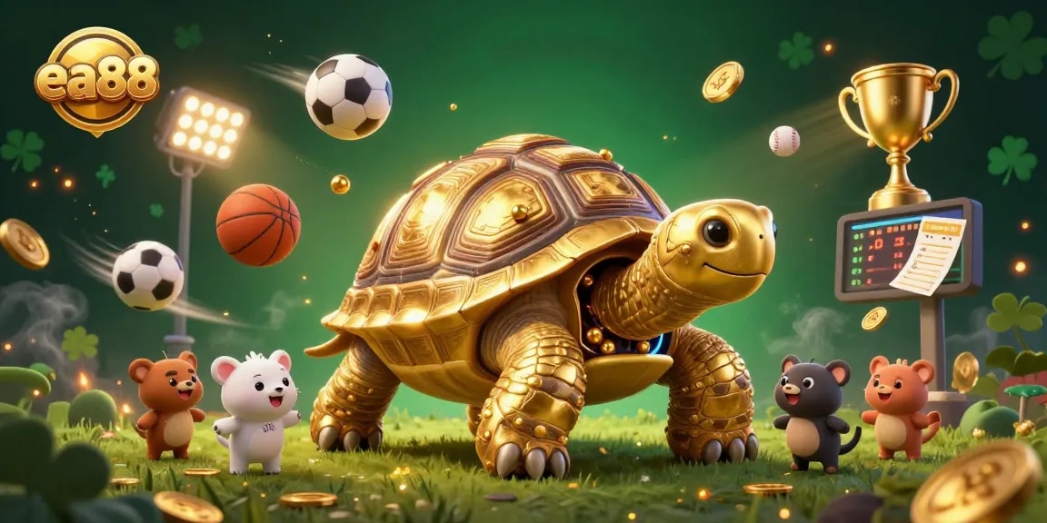 Experience thrilling gameplay at ea88 with a vibrant 3D illustration of a golden tortoise pinball machine and dynamic sports elements.