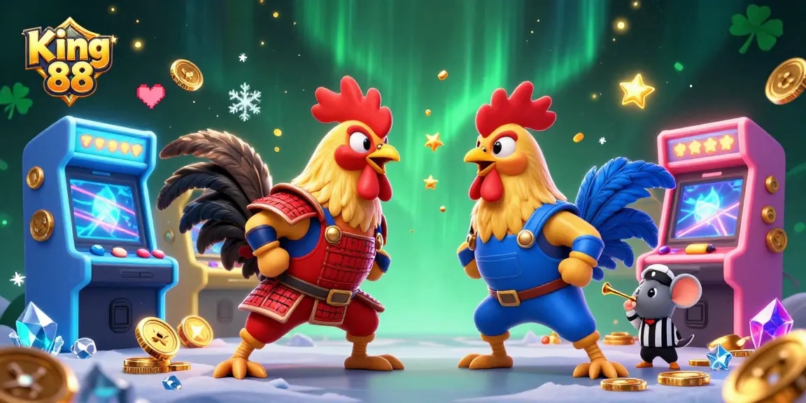 Experience high-stakes excitement with King 88 as fighting roosters clash in a vivid casino setting.