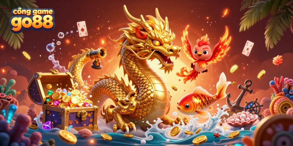 Capture the excitement of cổng game go88 as a golden dragon, phoenix, and koi fish interact amid a dynamic treasure scene.