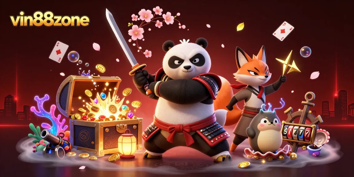 Spin the reels at vin88zone with a fierce samurai panda and golden shuriken fox in a lively casino scene.