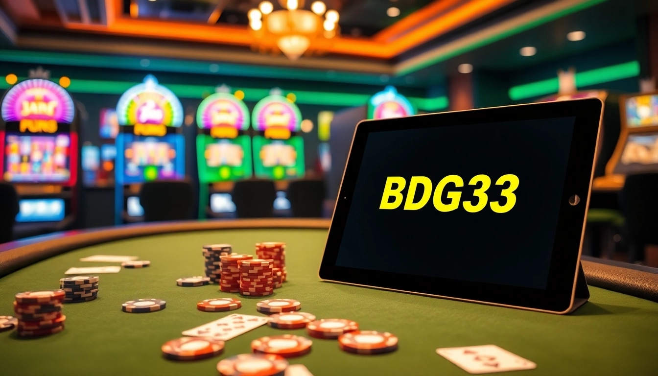 Experience the excitement of BDG33 with an elegant poker table set in a luxurious casino.