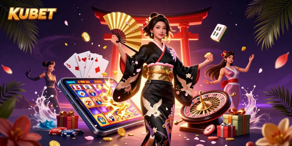 KUBET captivates with a stunning Asian woman in a traditional kimono amid vibrant casino elements.