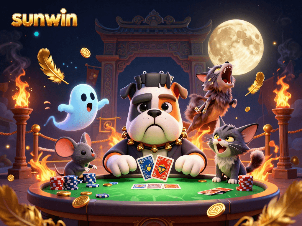 sunwin cards dealt by a Frankenstein bulldog monster at a spooky casino table with dynamic effects