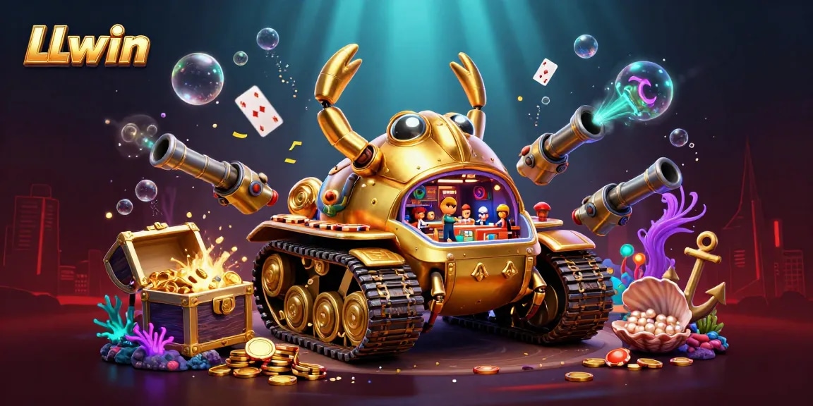 LLwin showcases a vibrant, packed 3D illustration of a golden tank casino, surrounded by treasures.