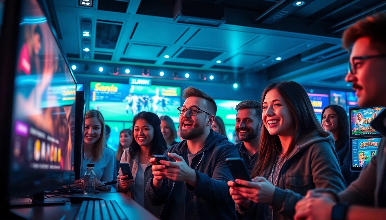 SUNWIN online gaming platform with diverse gamers in an energetic environment showcasing sports and casino games.