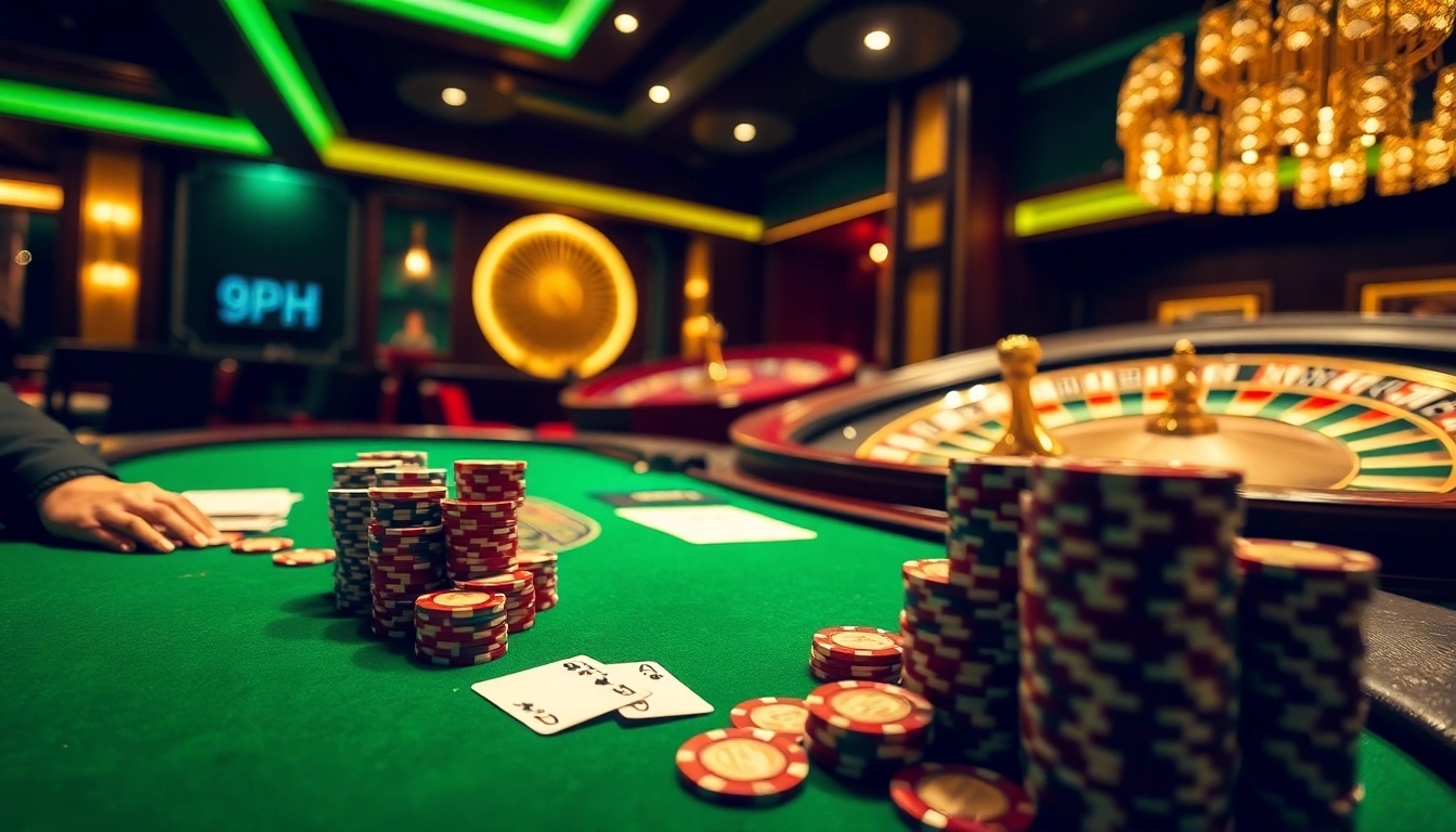 Experience the thrill of gaming at 9PH with vibrant poker chips and cards on a luxurious table.