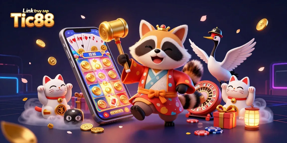 Engage with Link truy cập Tic88 in a vibrant casino scene featuring a cheerful tanuki and lucky cats.