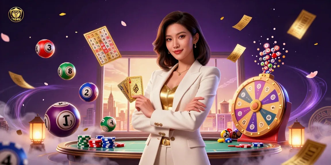 Engaging TG88 gaming scene with a stylish Asian businesswoman showcasing her poker skills amid dynamic lottery elements.