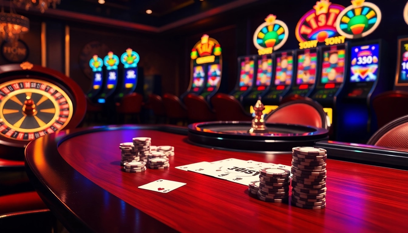 A vibrant casino scene with elegant poker games and 33win1 slot machines, showcasing luxury and excitement.