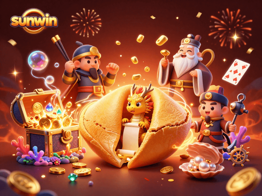 Win big with sunwin at our dynamic casino scene featuring fortune cookies and treasures!