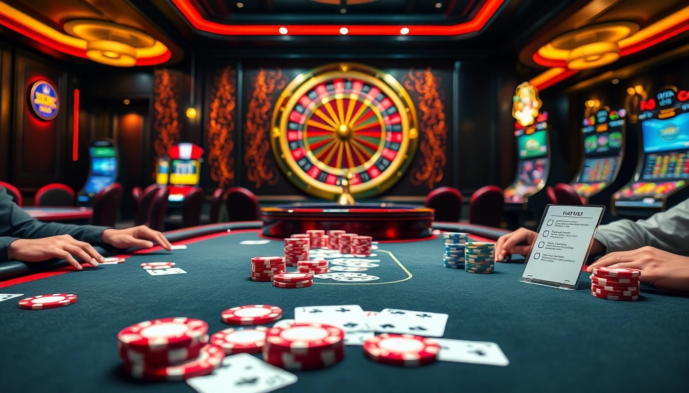 Experience an exciting casino atmosphere with free transmission diagnosis details displayed amid vibrant poker games.