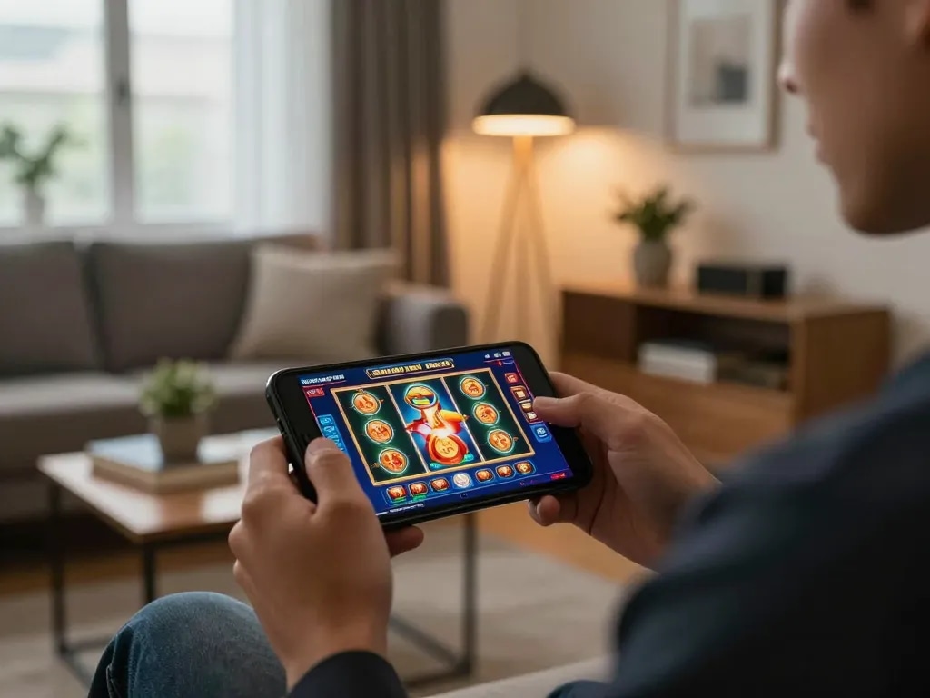 Person playing on the mobile app Trang chủ vuabet88 in a cozy living room, surrounded by warm lighting and decor.