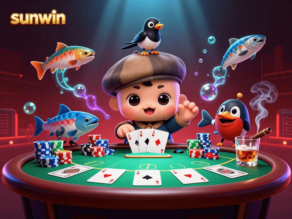 Experience the excitement of sunwin with a lively 3D casino scene featuring playful characters and vibrant game elements.