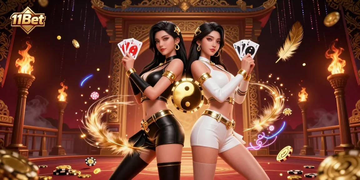 Engaging 11Bet casino scene showcasing twin Asian women with playing cards and dynamic atmosphere.