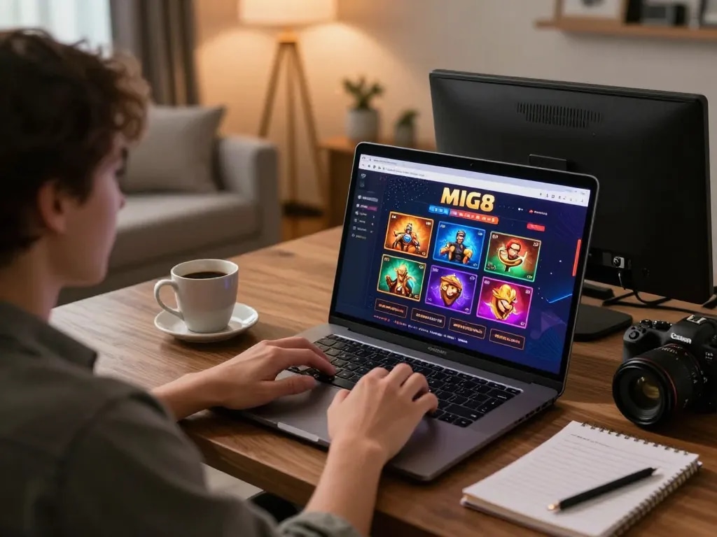 MIG8 offers an exciting online gaming platform, showcasing vibrant gameplay on a laptop.