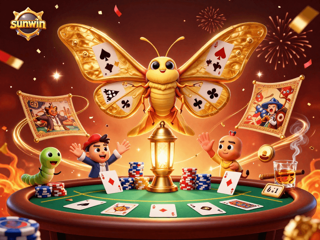 Spin the reels at sunwin with vibrant casino scenes and a majestic moth illustration.
