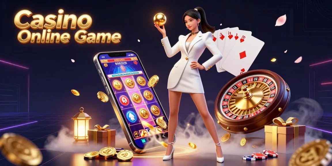 Experience thrilling Casino Online Game with a beautiful Asian woman showcasing vibrant casino elements.