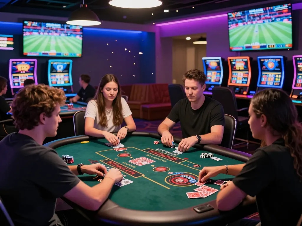 Diverse players enjoying online casino games at PUB88 with live dealer tables and vibrant LED lighting.