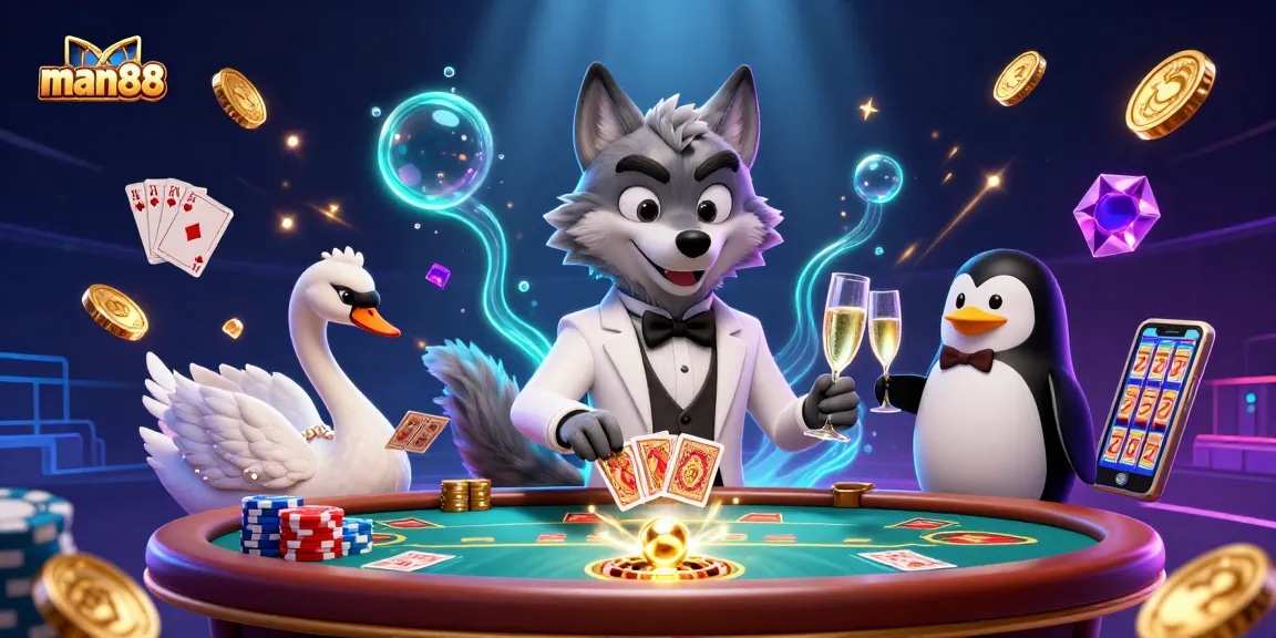 Engage with man88 in this vibrant 3D casino scene showcasing baccarat, roulette, and poker elements.