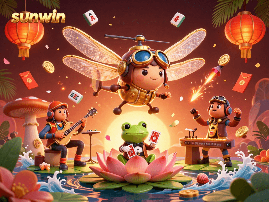 Experience the thrill of sunwin at a lily pad casino with vibrant characters and dynamic game elements.