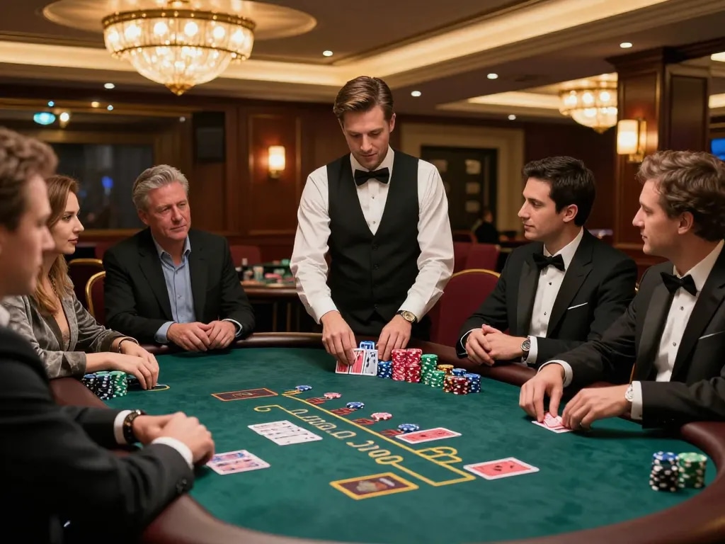 88VV players engaged in a focused blackjack game at an upscale casino table, highlighting strategic moves and vibrant chips.