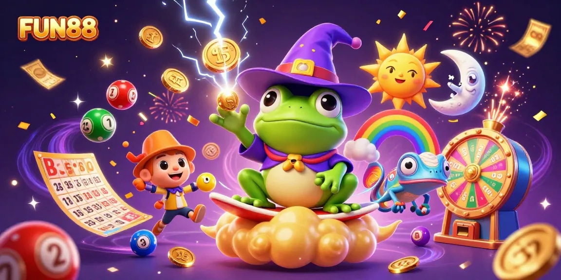 FUN88 players enjoy a dazzling lottery experience with dynamic elements and rich visuals in a vibrant casino setting.