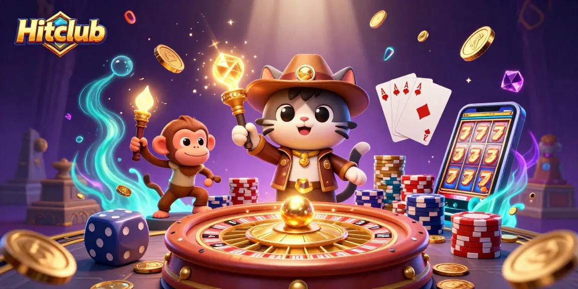 Experience thrilling gaming moments at Hitclub with vibrant 3D scenes featuring an adventurous cat and a treasure-filled casino.