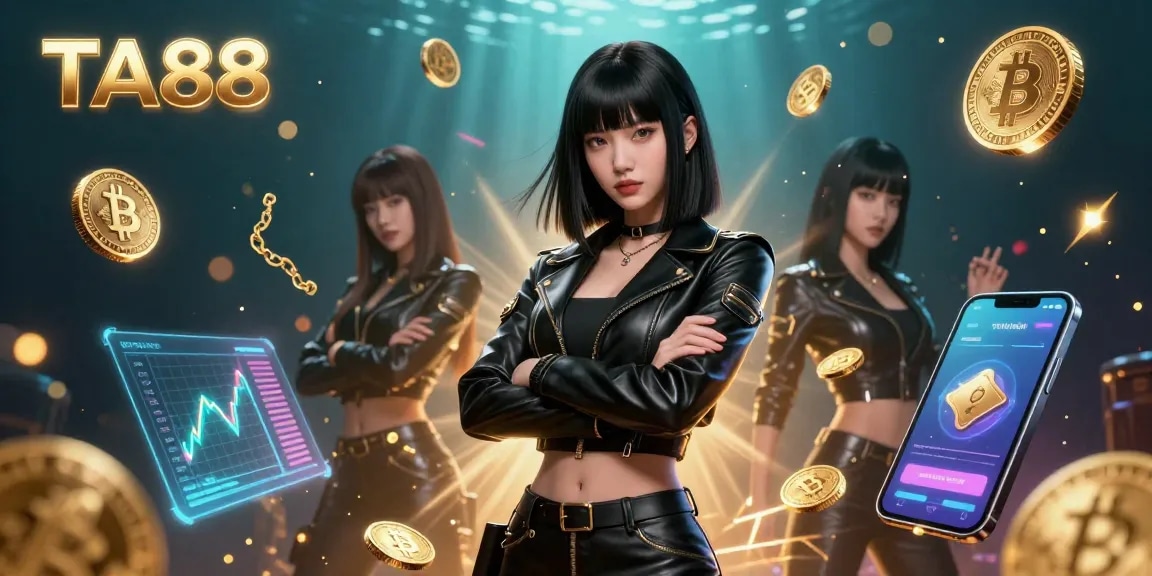 Experience thrilling gameplay at TA88 with a stunning illustration featuring a powerful Asian woman and futuristic crypto gaming elements.