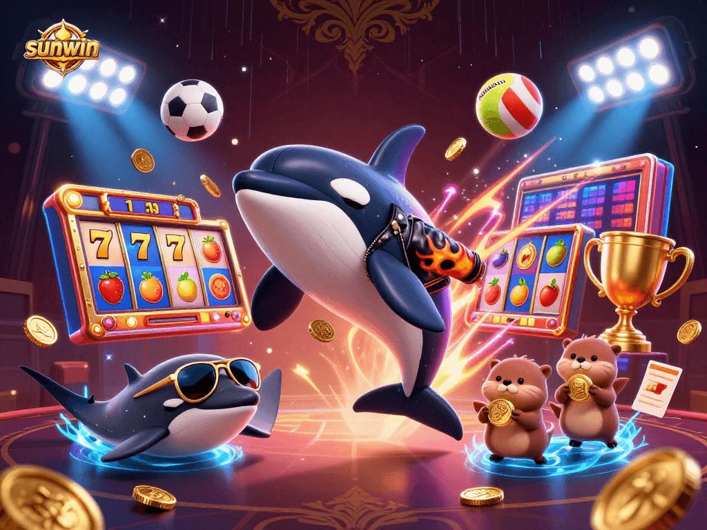 Engage with sunwin's exciting slots featuring a dynamic 3D whale, stingray, and otters surrounded by jackpots and sports!