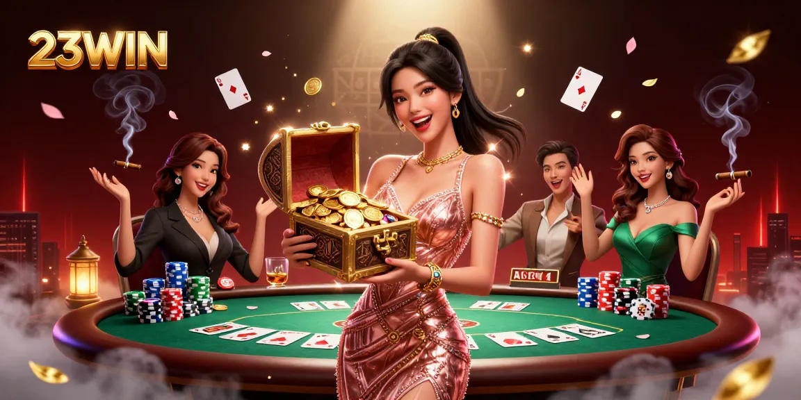 Win big with 23WIN as a joyful Asian woman presents treasure and poker elements in casino.