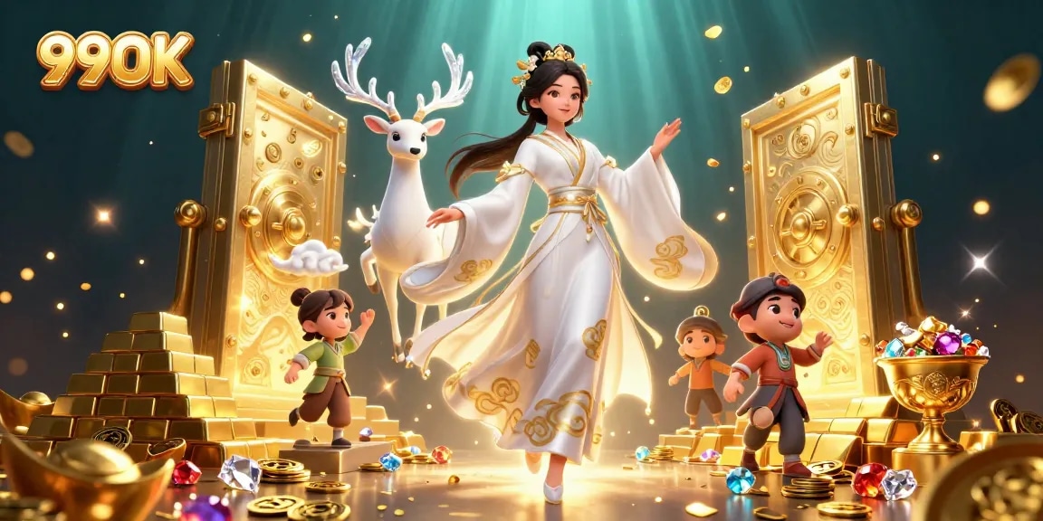 Win big at 99OK with a vibrant casino scene featuring treasures and ethereal elements.