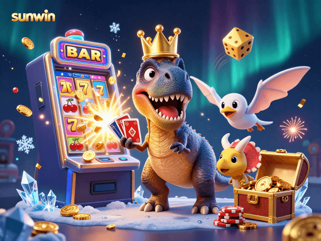 Experience thrilling gameplay at sunwin with a vibrant T-Rex shuffled cards and a slot machine jackpot!