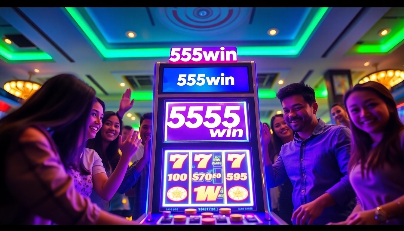 Players joyfully engaging with the 555win slot machine in a lively gaming setting.