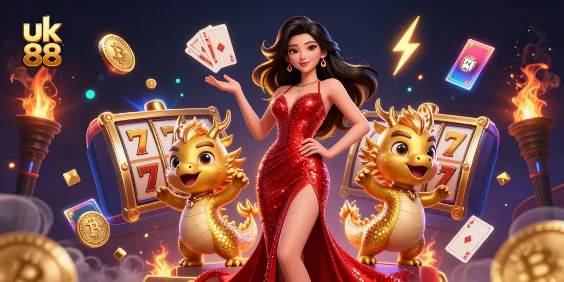 uk 88 showcases a stunning Asian woman welcoming players to a vibrant online casino experience filled with action and luck.