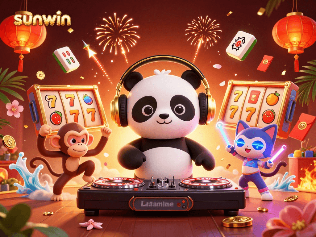Experience the excitement of sunwin with vibrant characters celebrating wins in a lively casino scene.