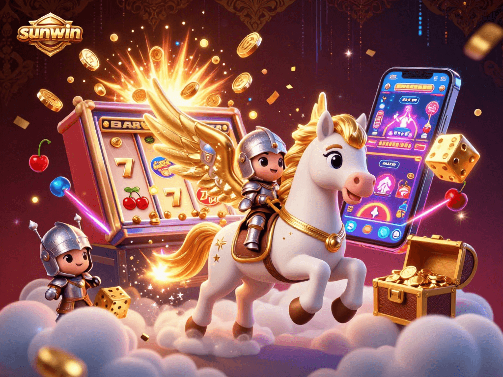 Experience sunwin's thrilling gameplay with a celestial knight and golden horse amidst rich casino elements.