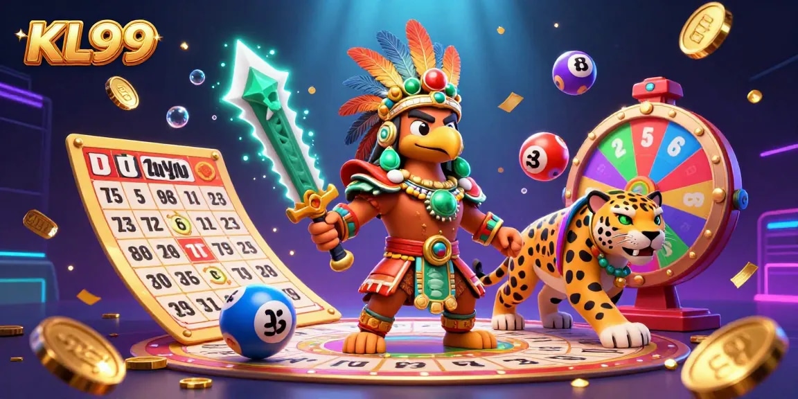 Experience the vibrant KL99 gaming world with a lively scene of Aztec warriors and colorful lottery elements.
