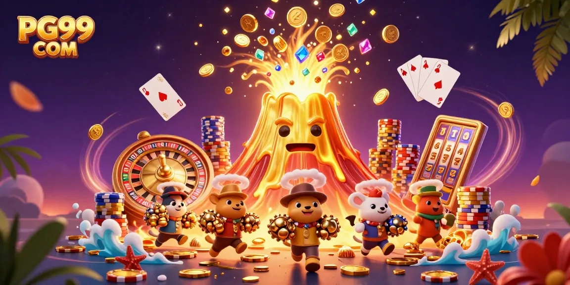 Experience winning excitement at PG99 COM with a dynamic casino illustration featuring coins and treasures.