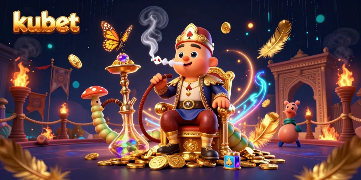 Experience thrilling kubet action with vibrant 3D illustration of a caterpillar sultan and poker symbols.