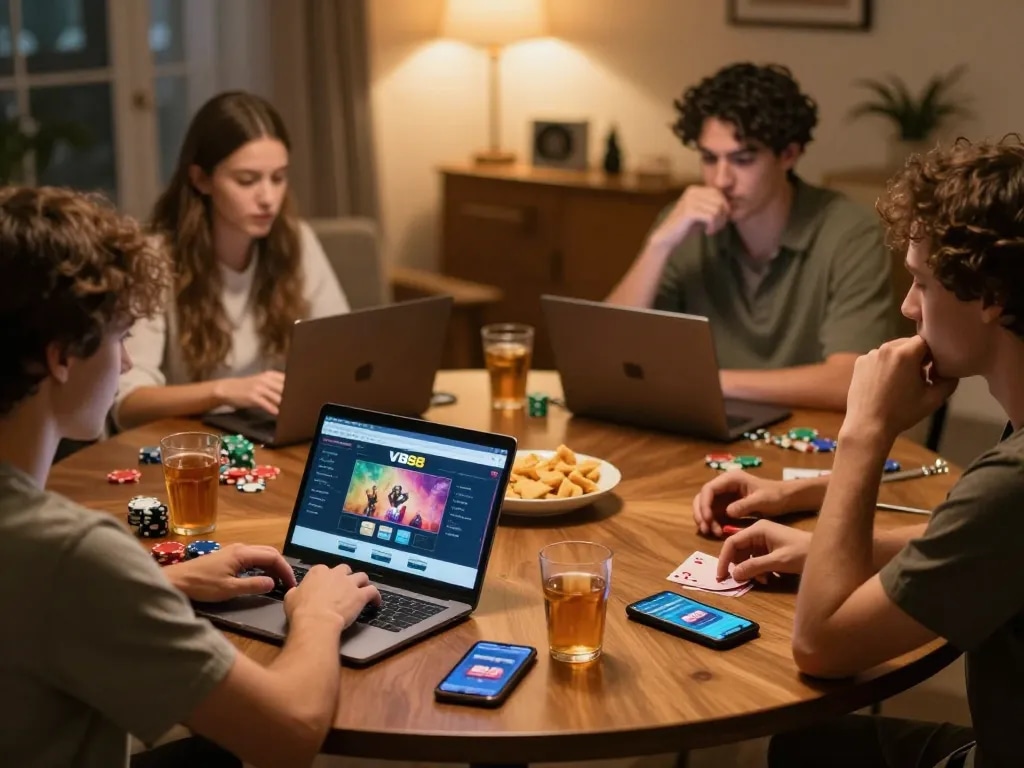 Friends playing poker online at home using vb88.llc interface with chips and drinks around