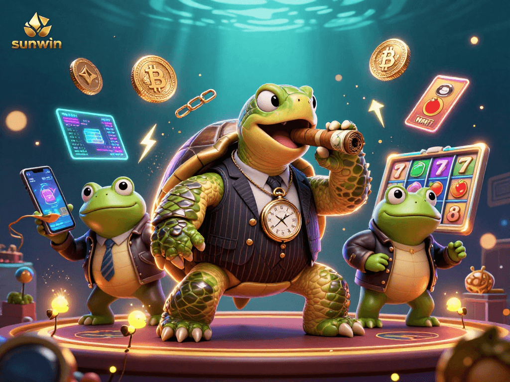 sunwin showcases a vibrant casino scene with a turtle mobster and bullfrogs amidst neon cryptocurrency elements
