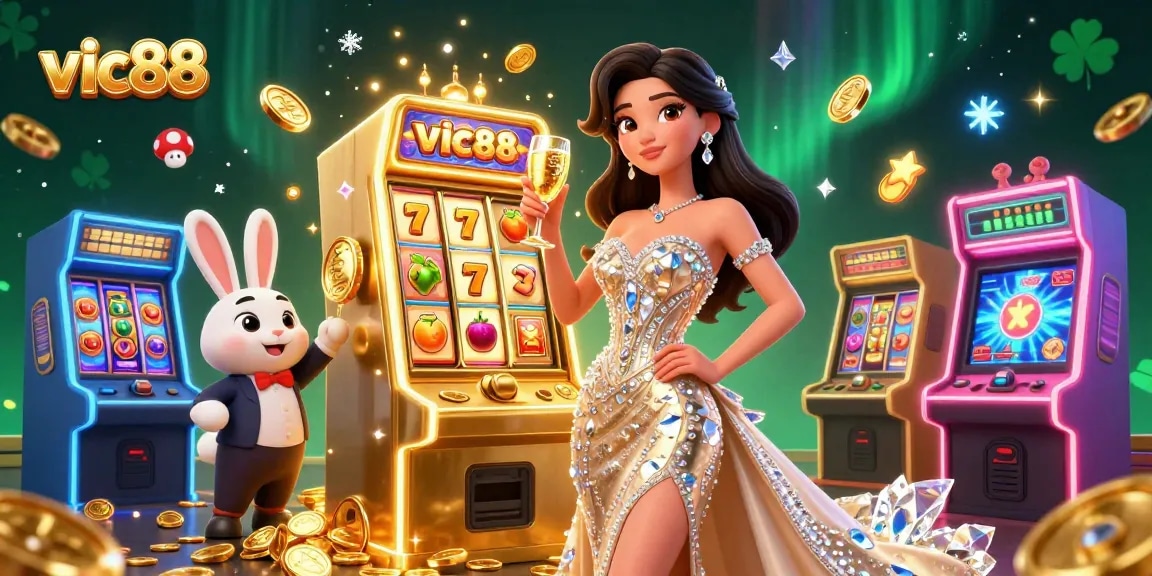 Experience vic88's excitement with a glamorous winner beside an exploding jackpot.
