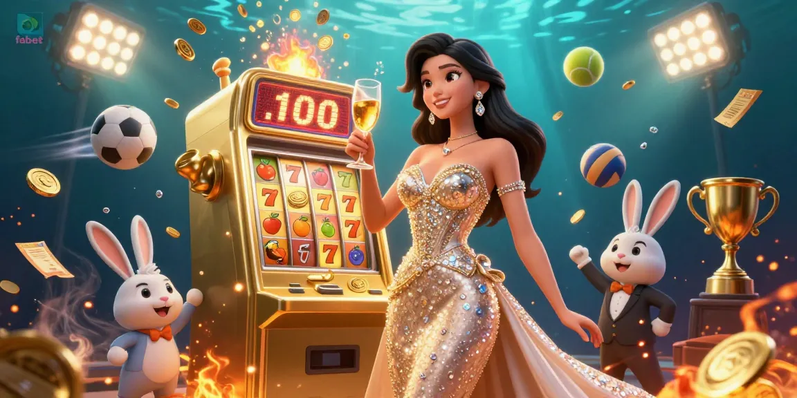 Experience the thrill of fabet with a dynamic scene of gambling excitement, featuring a dazzling woman celebrating beside a jackpot.