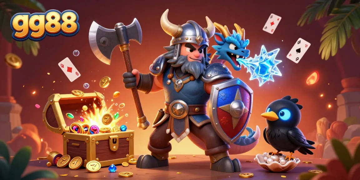 Engage with exciting gameplay at gg88, featuring a Viking wolf warrior, fierce dragon, and vibrant casino elements.