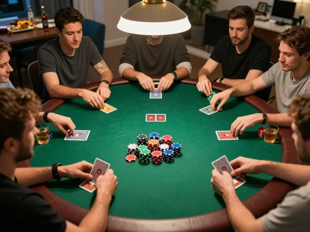 Players enjoying thrilling poker action at a home game night in Roseville, featuring vibrant chips and cards